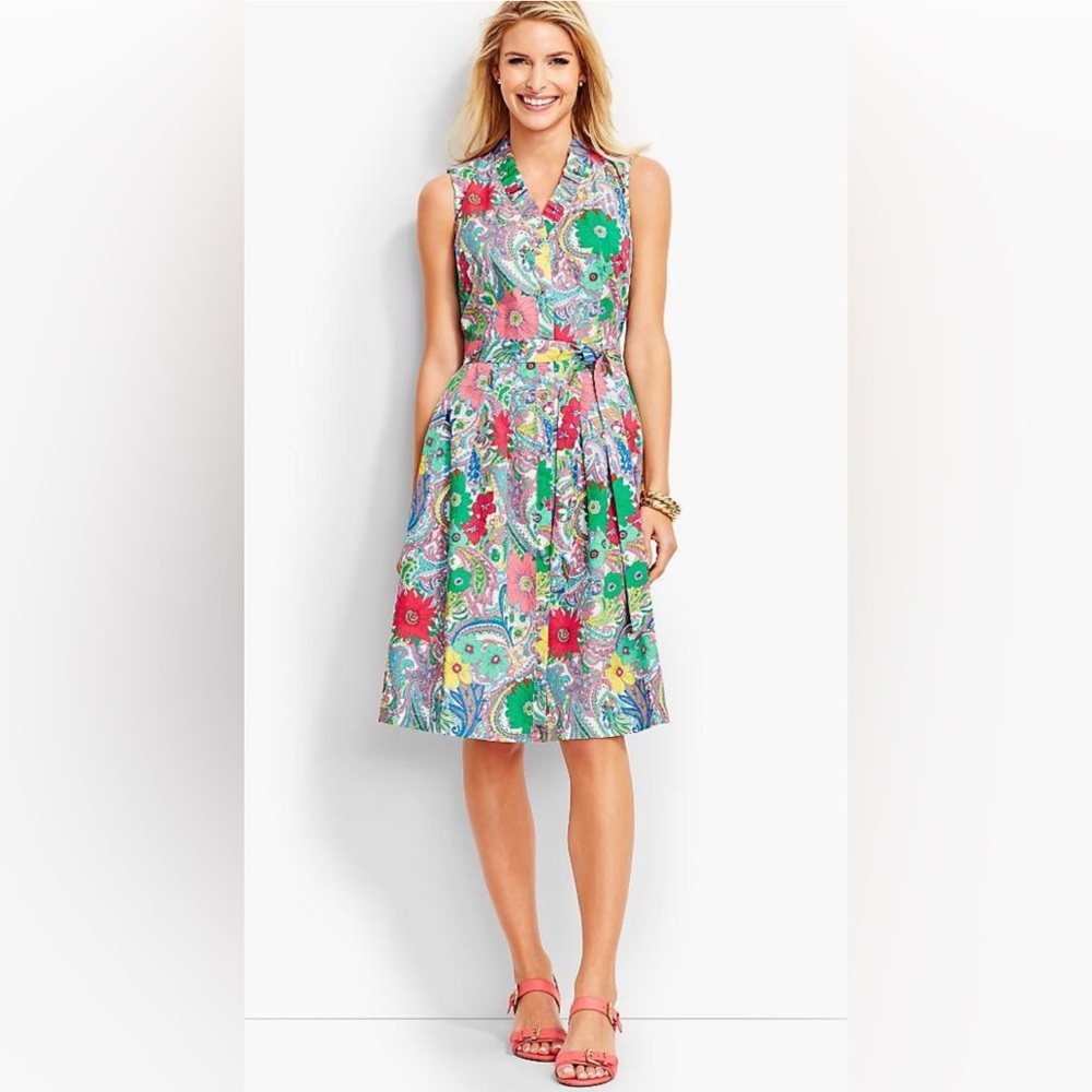 TALBOTS Flare Floral Paisley Print Button Down Vibrant Tie Waist Dress Sz:12P